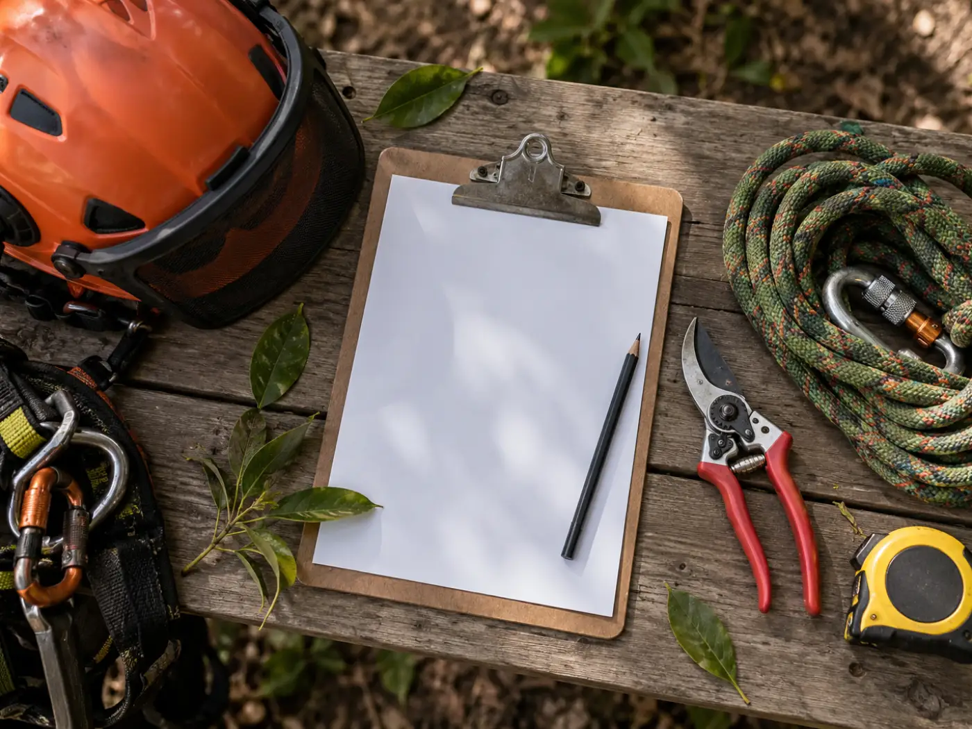 Climbing helmet, harness, rope, secateurs and a clipboard laid out on a bench