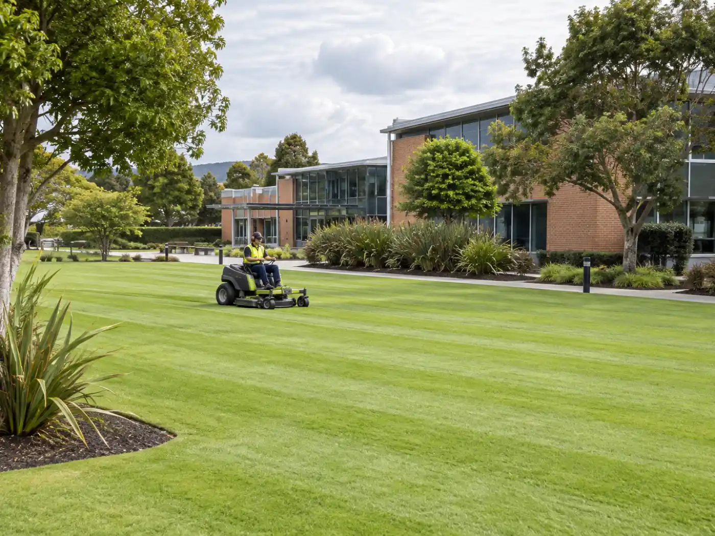 Ride-on mower working open lawns in front of a commercial building