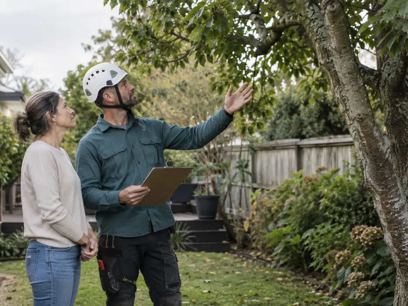 Arborist in a helmet holding a clipboard, pointing up into a tree while the homeowner looks on in a suburban back garden