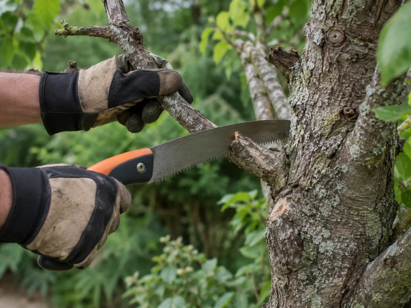Gloved hands using a pruning saw to take a dead stub back to live wood