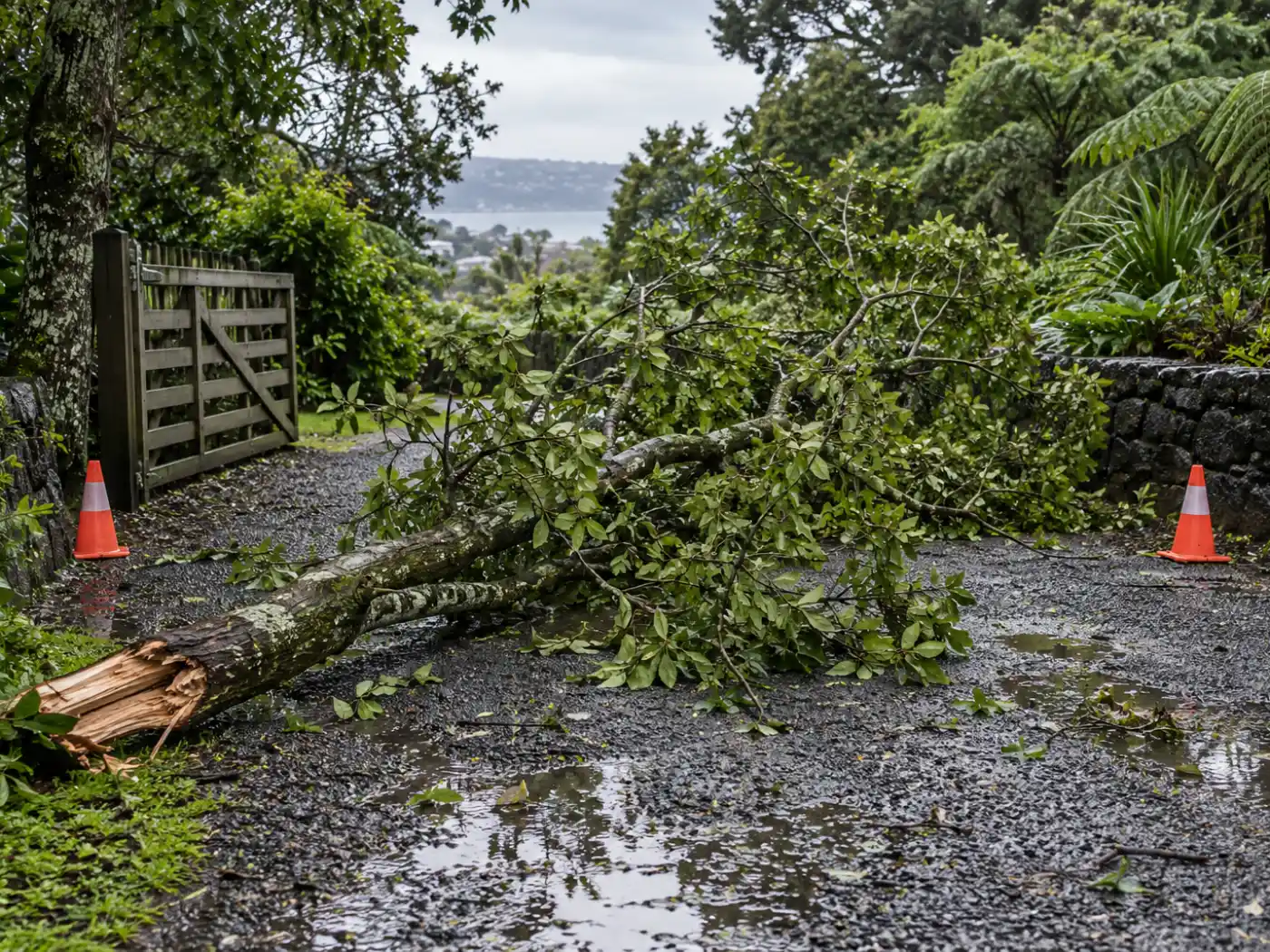 Large tree brought down across a driveway after a storm, with cones set out around it
