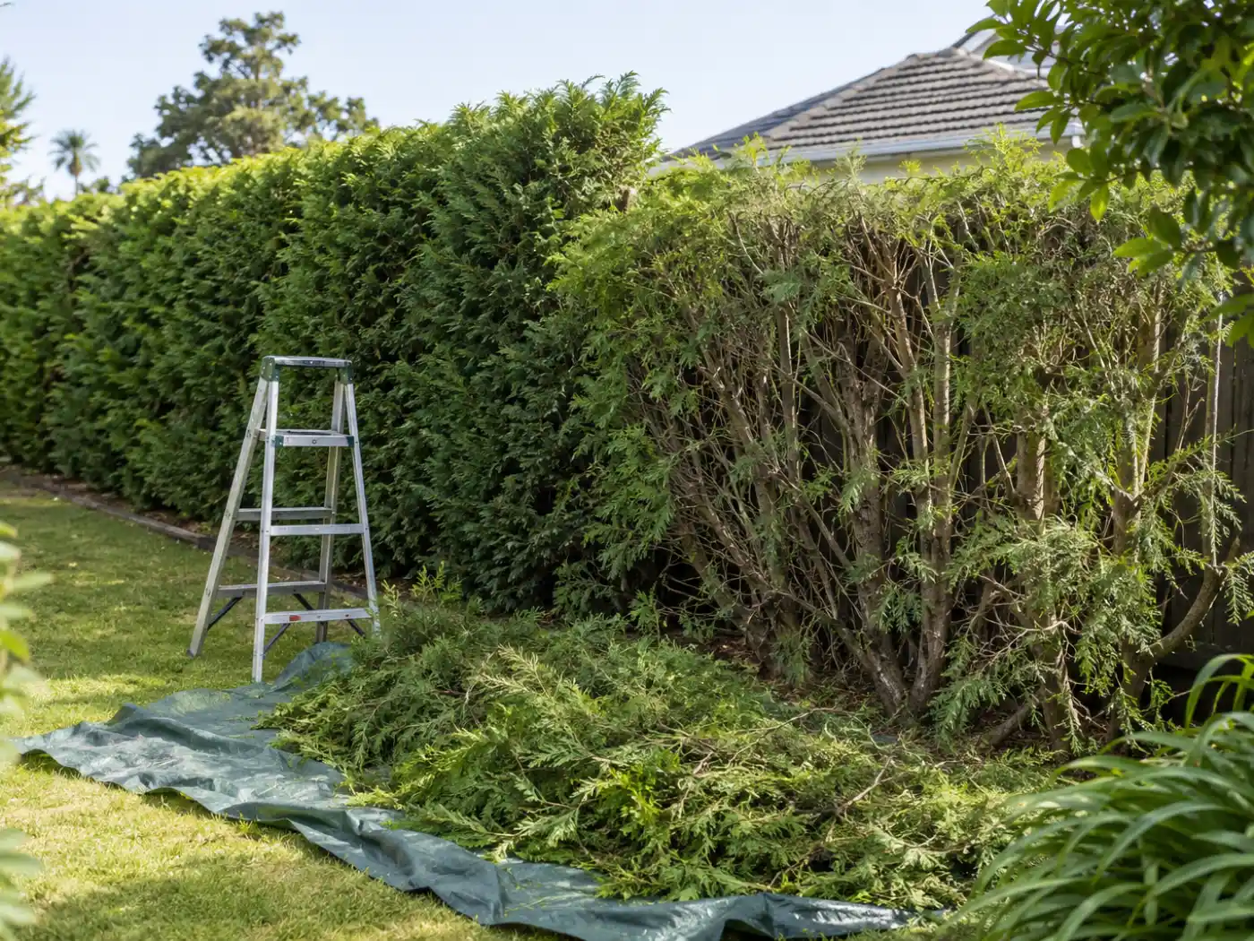 Overgrown hedge part-way through a cut-back, with a ladder and cut growth on a tarpaulin