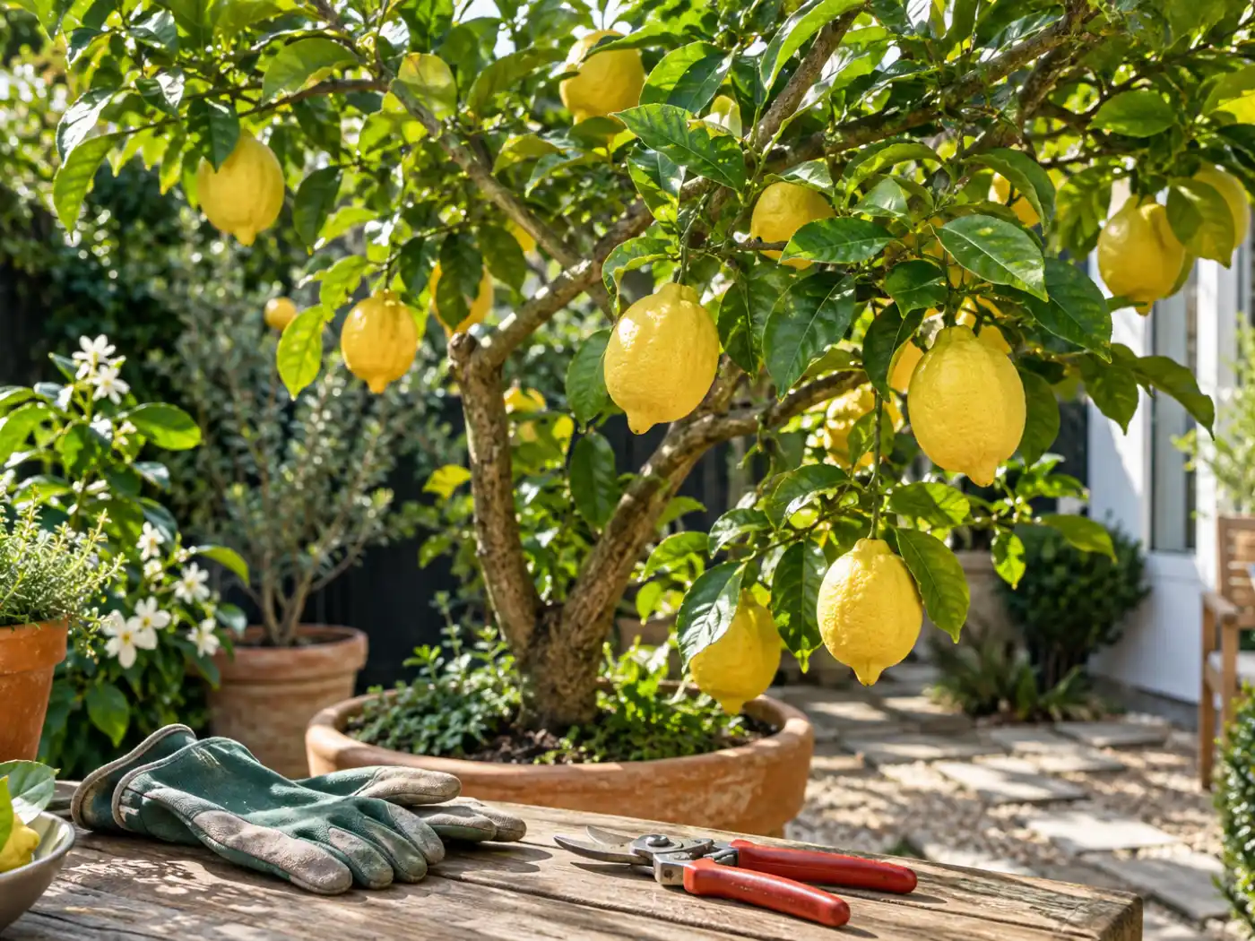 Lemon tree in fruit beside a house, with secateurs and gloves on the bench below