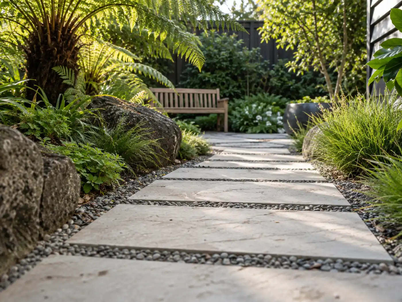 Planted border and paved walkway through a maintained garden