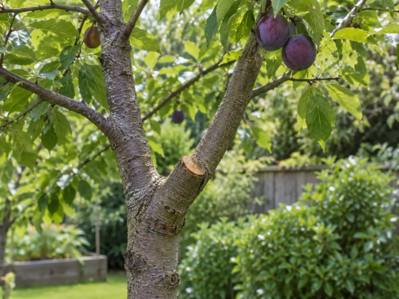 Plum tree carrying ripe fruit, with a fresh pruning cut visible on a lower limb