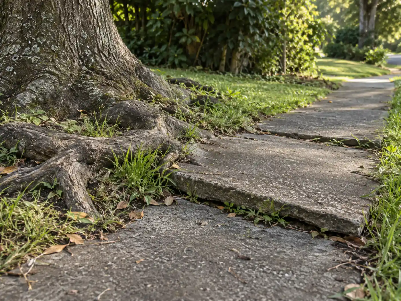 Tree roots lifting and cracking a concrete path beside a lawn, with the slab pushed up and broken along the root line