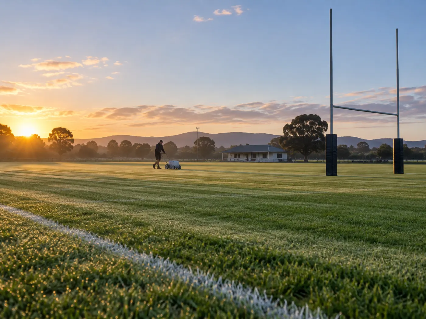 Marked sports field mown and presented ahead of a fixture