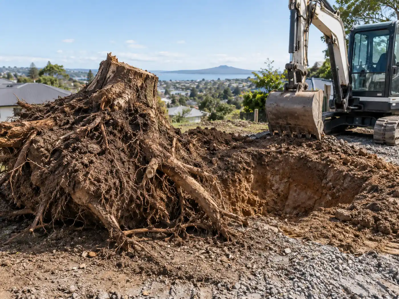 Excavator lifting a stump and root ball clear of the ground, leaving an open hole