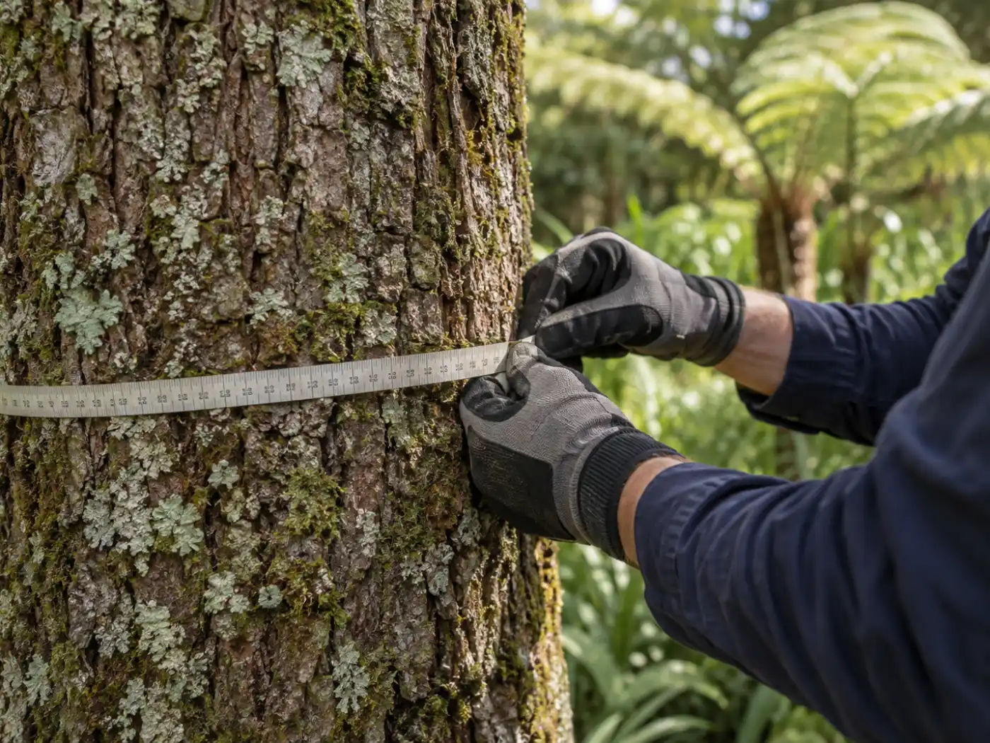 Gloved hands measuring a tree trunk with a diameter tape during an assessment