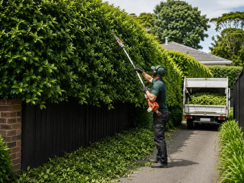 Overgrown neglected hedge undergoing renovation trimming to restore its structure