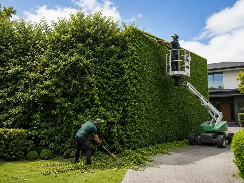 Tall boundary hedge over three metres being trimmed with long-reach tools in Auckland