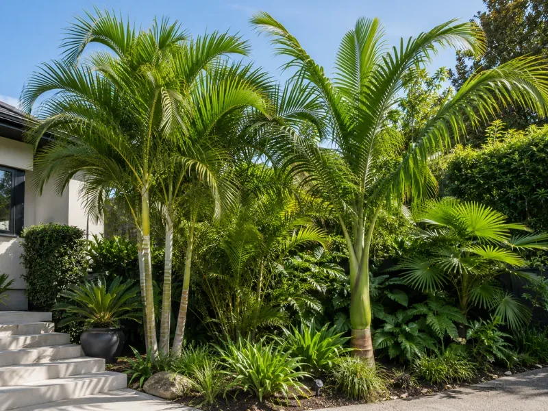 Bangalow and Kentia ornamental palms growing in a clump in an Auckland garden
