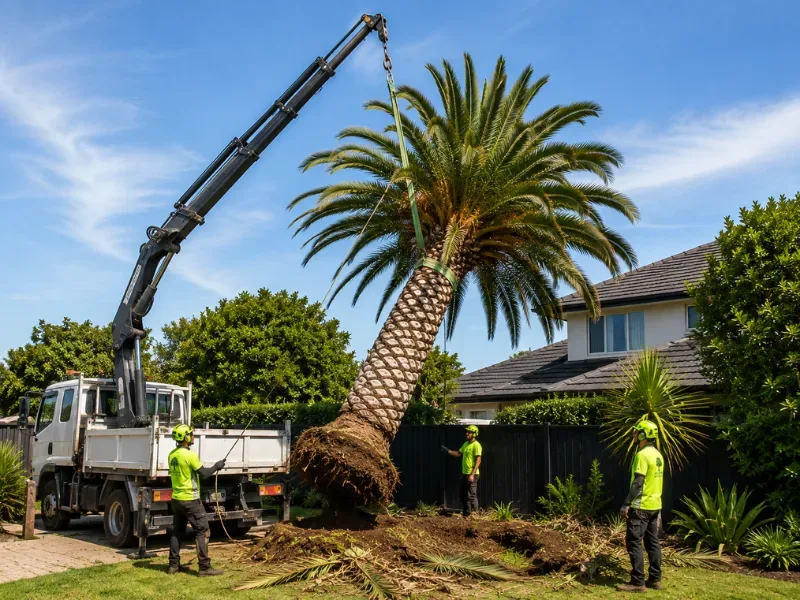 Phoenix Canary Island Date palm with heavy spined fronds on an Auckland property