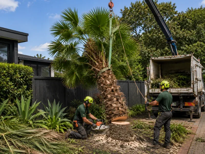Chinese Windmill palm with its distinctive fibrous trunk in an older Auckland garden