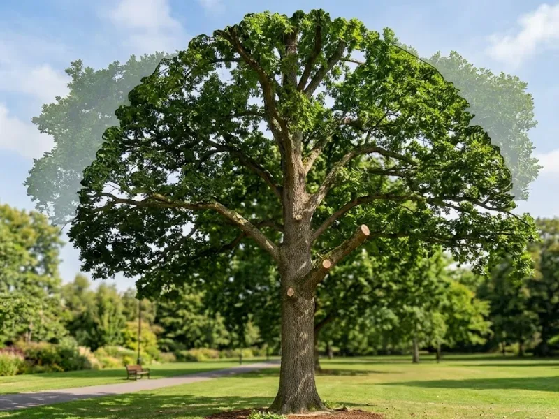 Crown reduction on a mature Auckland tree, overall size reduced with natural form kept