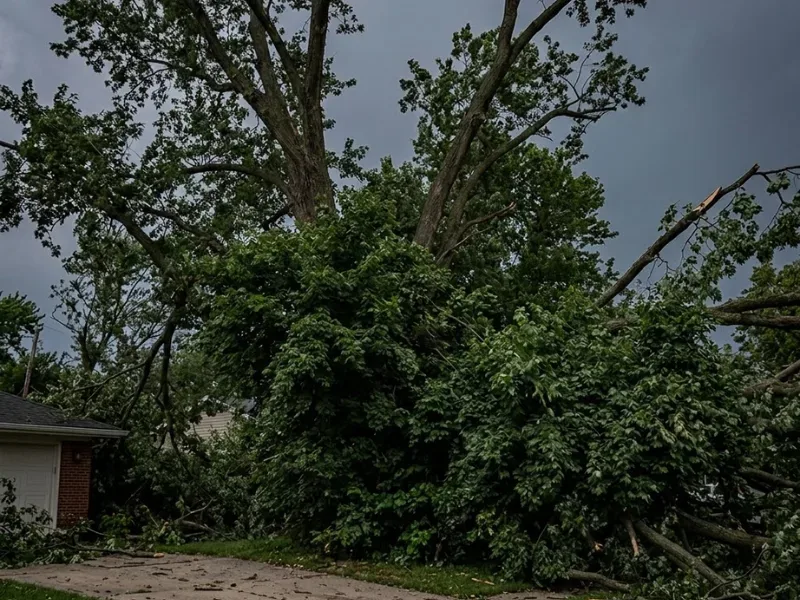 Dense overgrown tree canopy blocking light over a garden