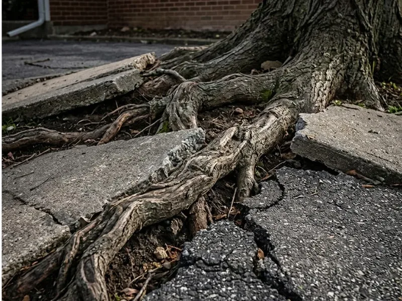 Thick tree roots lifting and cracking a concrete path beside a house