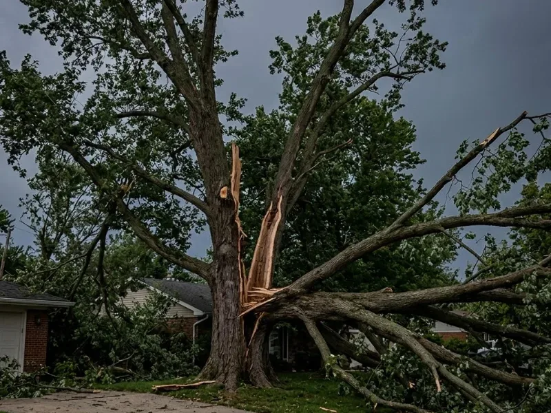 Tree split and branches brought down by storm-force wind