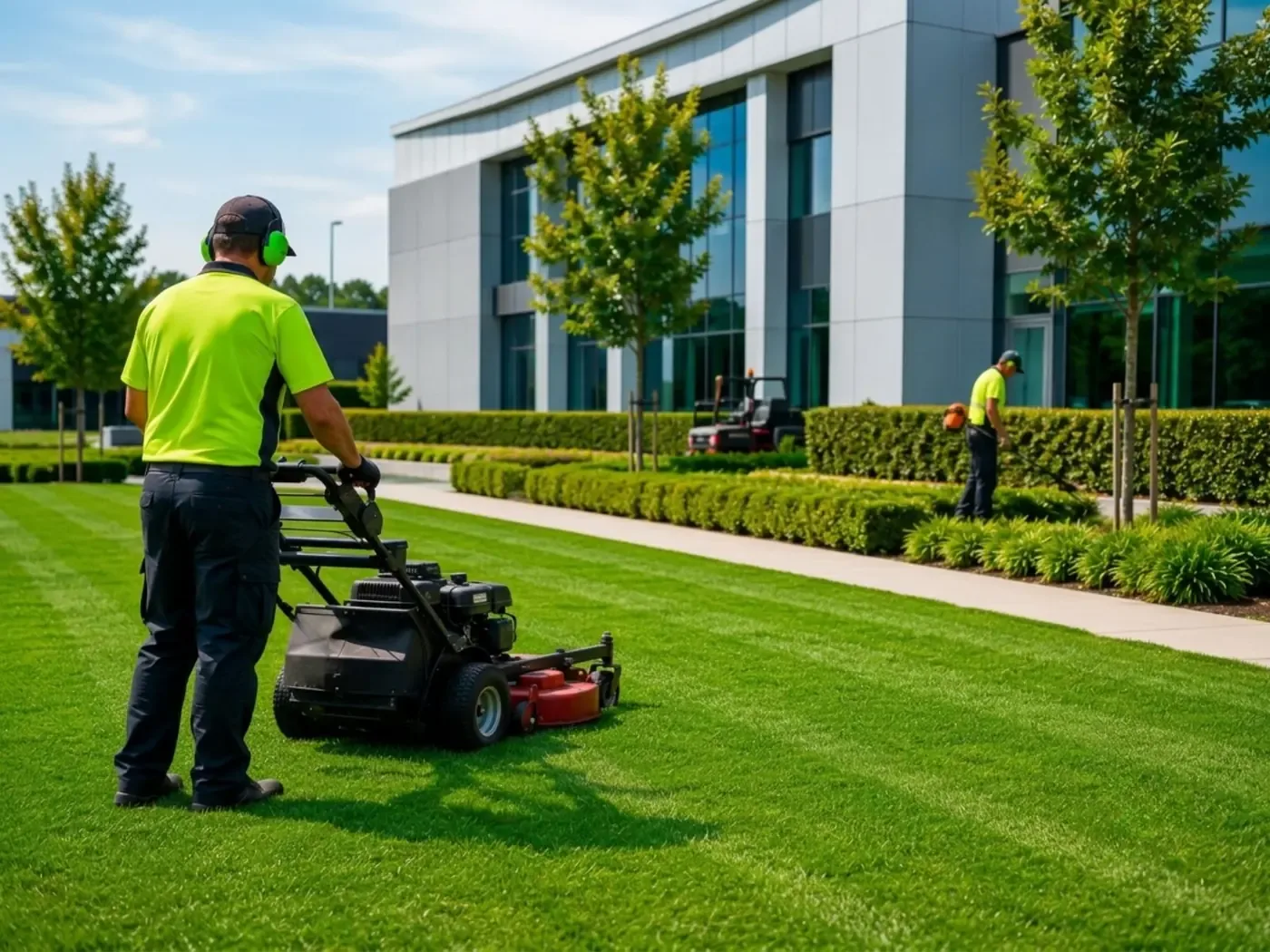 Commercial mowing crew maintaining open grounds beside a car park
