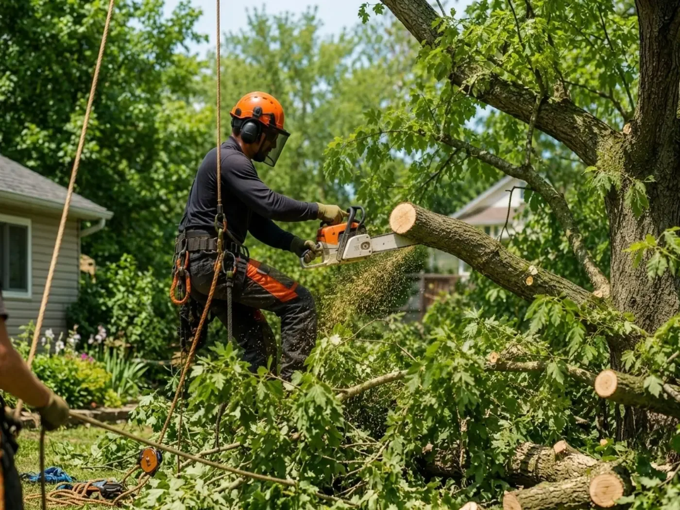 Arborist working at height on a tree surrounded by buildings and hard landscaping
