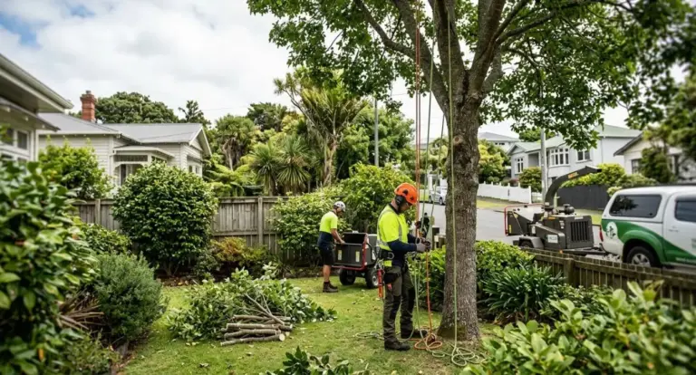 Arborist crew rigging a large tree for sectional removal in an Auckland front garden, with a chipper and truck at the kerb