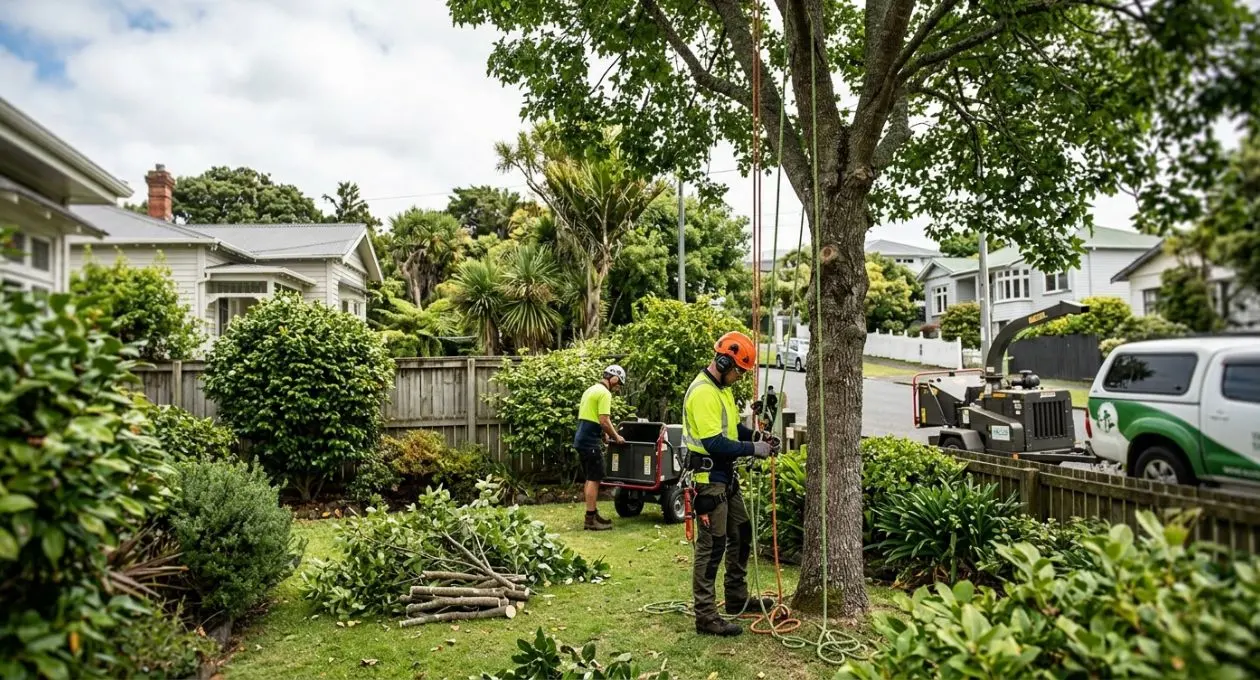 Arborist crew rigging a large tree for sectional removal in an Auckland front garden, with a chipper and truck at the kerb
