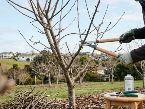 Gardener pruning a dormant apple tree with loppers in an Auckland orchard, with secateurs and disinfectant on a stool nearby
