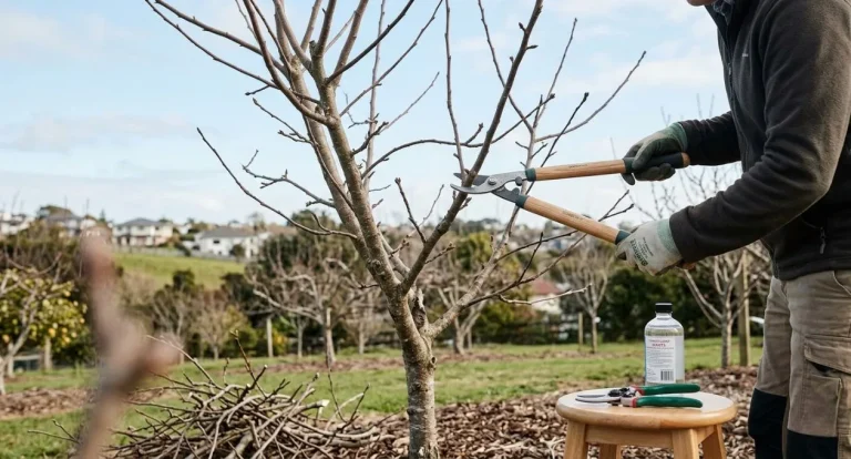 Gardener pruning a dormant apple tree with loppers in an Auckland orchard, with secateurs and disinfectant on a stool nearby