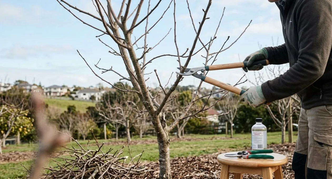 Gardener pruning a dormant apple tree with loppers in an Auckland orchard, with secateurs and disinfectant on a stool nearby