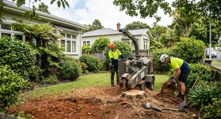Arborists grinding out a tree stump beside an Auckland villa, with a second worker clearing the grindings by hand