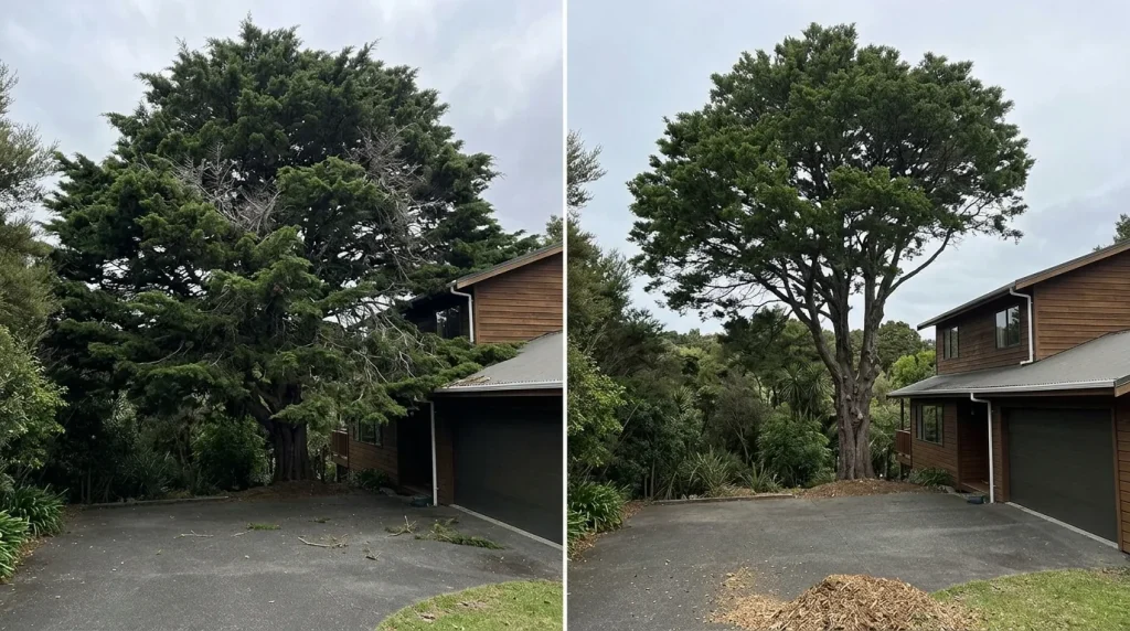 Tree pruning in Oratia, West Auckland — before and after