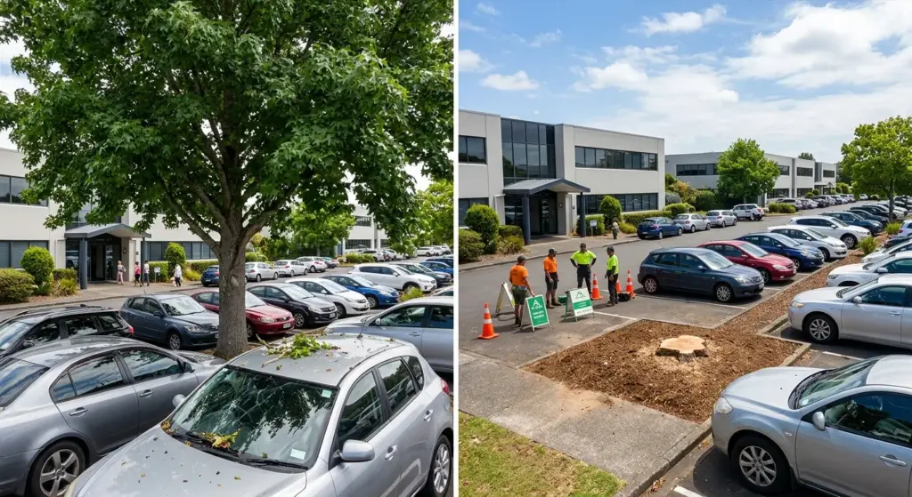 Before and after liquidambar removal at a Botany office car park: on the left a large tree dropping branches over parked cars, on the right the same bay cleared with the stump ground flush, cones and signage in place and the crew on site.