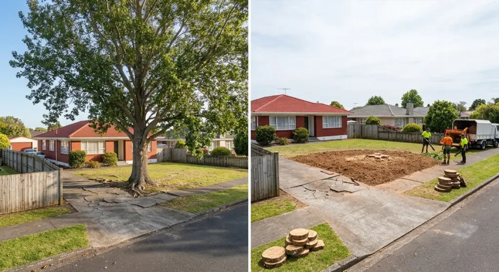 Before and after poplar removal at a Henderson home: on the left a large poplar in the front yard with roots buckling the concrete driveway, on the right the cleared front section with the stump and surface roots ground out and the timber stacked at the kerb.