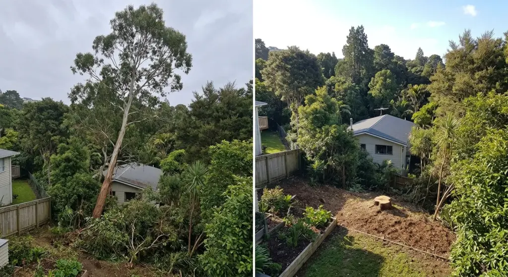Before and after tree removal at a Titirangi home: on the left an 18-metre gum leaning over the roof of a house on a bush section, on the right the same view with the tree gone, the stump ground flush and the surrounding native bush untouched.