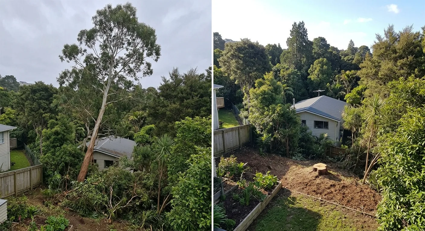 Before and after tree removal at a Titirangi home: on the left an 18-metre gum leaning over the roof of a house on a bush section, on the right the same view with the tree gone, the stump ground flush and the surrounding native bush untouched.