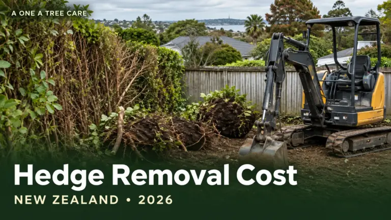 Small excavator lifting hedge root balls out of the ground beside a cleared hedge line, with the title Hedge Removal Cost New Zealand 2026
