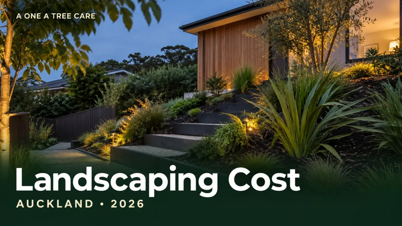 Landscaped garden with planted beds, steps and lighting beside a timber-clad house, with the title Landscaping Cost Auckland 2026