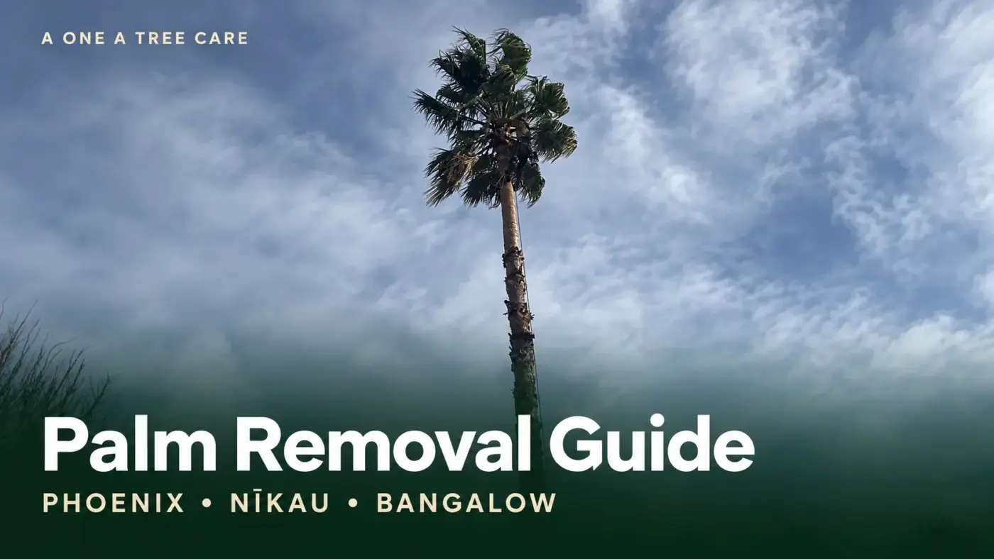 A tall palm against a cloudy sky, with the title Palm Removal Guide and the words Phoenix, nikau, bangalow