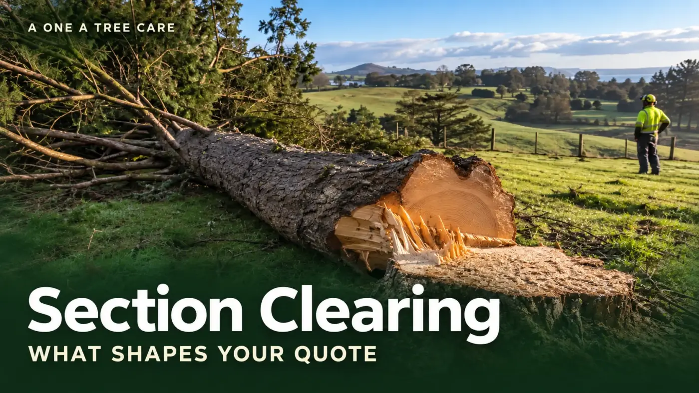 Felled tree lying on open ground with a worker in high-visibility clothing nearby, with the title Section Clearing and the words What shapes your quote