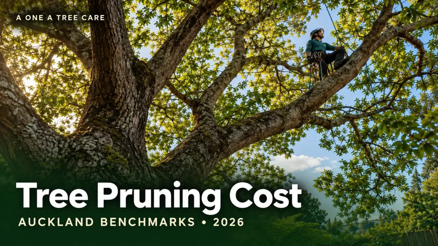 Arborist roped into the canopy of a large tree, with the title Tree Pruning Cost and the words Auckland benchmarks 2026