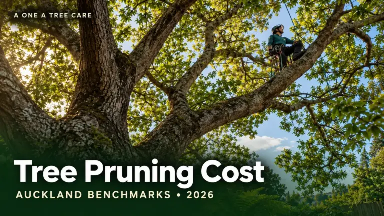 Arborist roped into the canopy of a large tree, with the title Tree Pruning Cost and the words Auckland benchmarks 2026