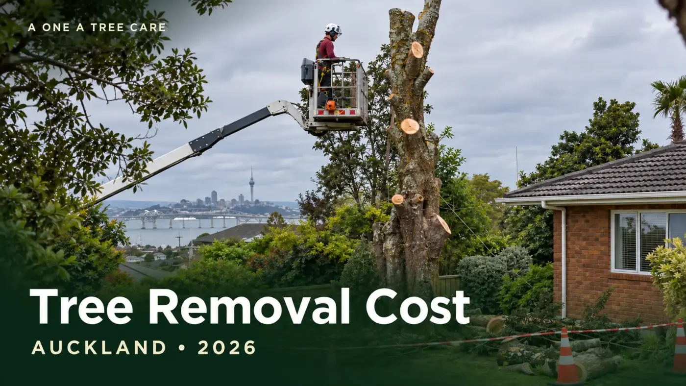 Arborist in an elevated work platform dismantling a tree above an Auckland house, with the title Tree Removal Cost Auckland 2026