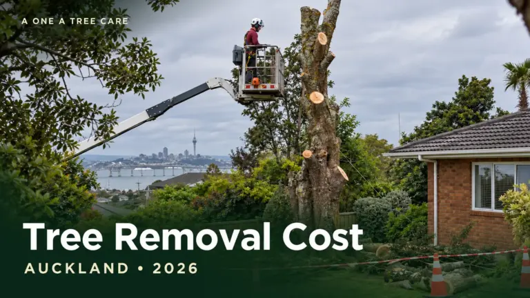 Arborist in an elevated work platform dismantling a tree above an Auckland house, with the title Tree Removal Cost Auckland 2026